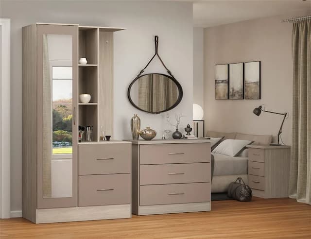 Thurso Open Shelf Mirrored Door Wardrobe Oyster Gloss Light Oak Effect Veneer